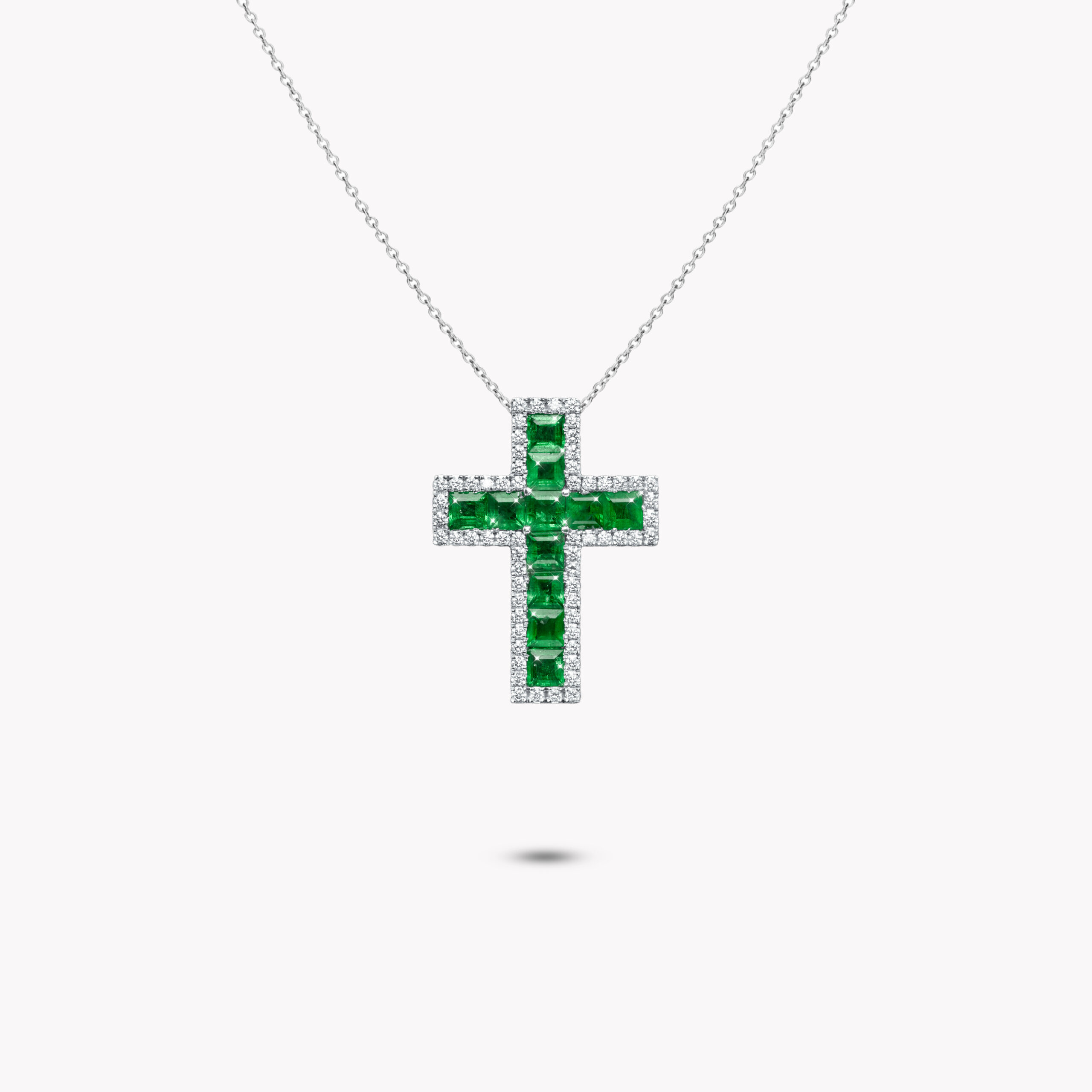 Princess-Cut Emerald Cross Pendant with Diamond Halo