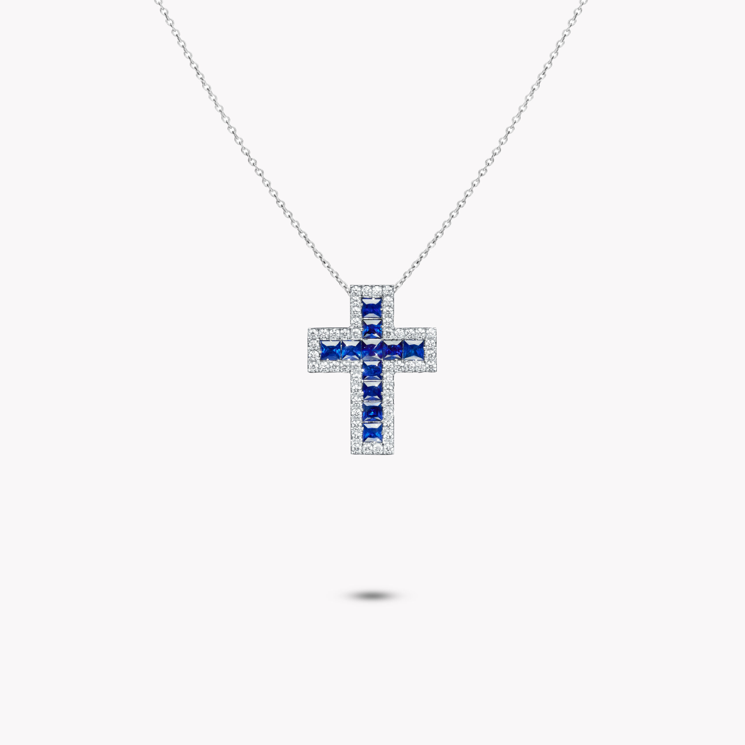 Princess-Cut Sapphires Cross Pendant with Diamond Halo 2.05ct