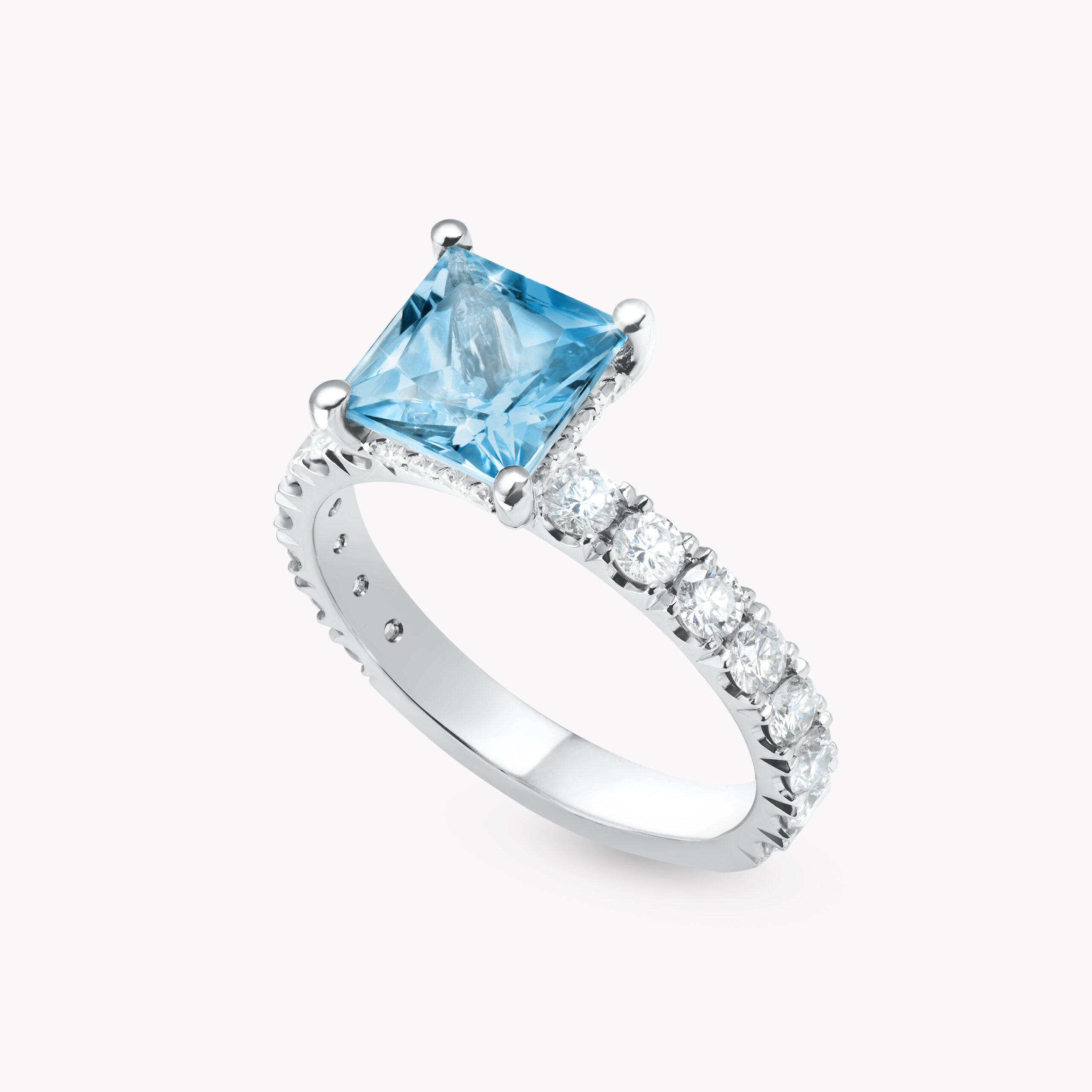 Princess-Cut Aquamarine Ring 1.34ct with Diamond Pave
