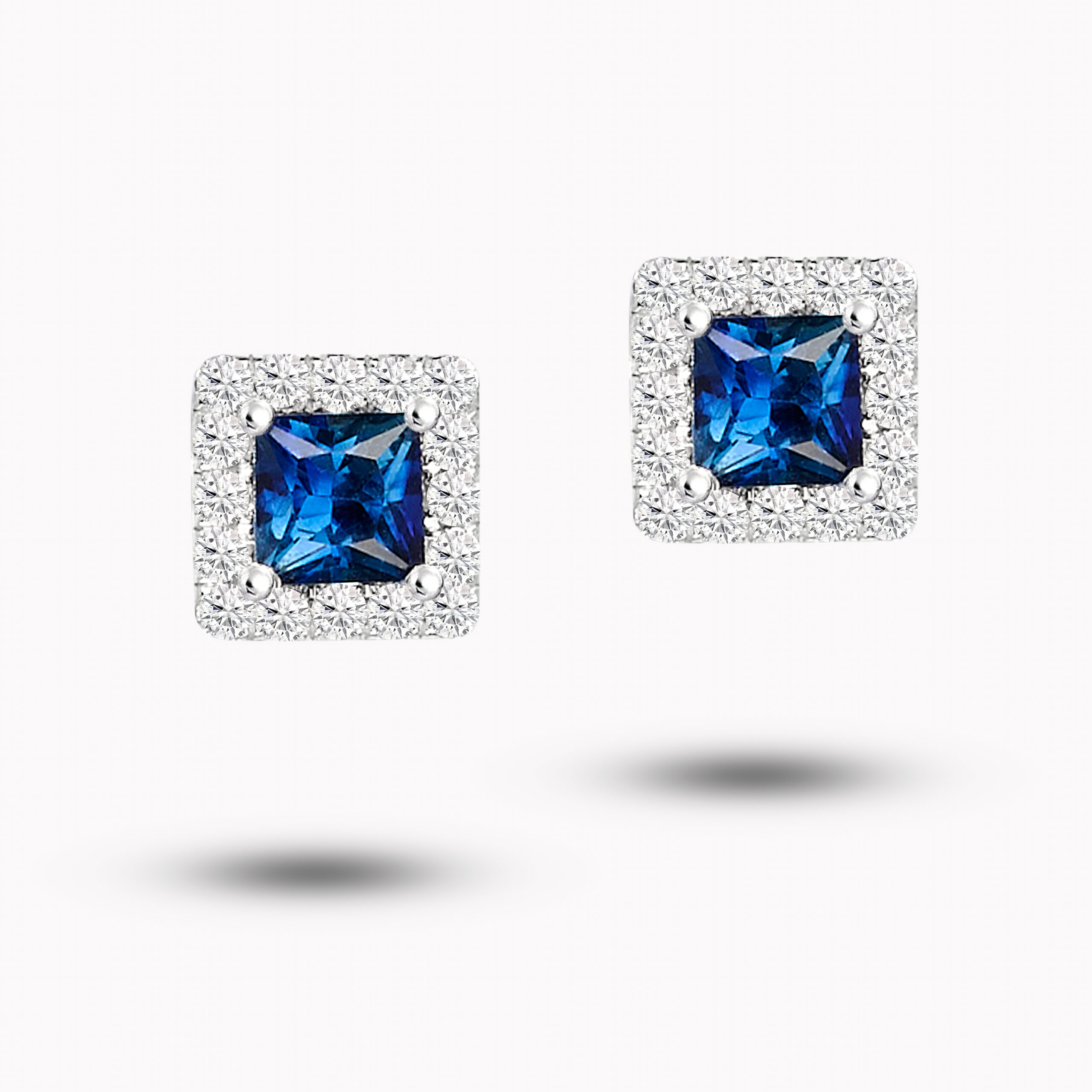 Halo Blue Princess-Cut Sapphire Stud Earrings