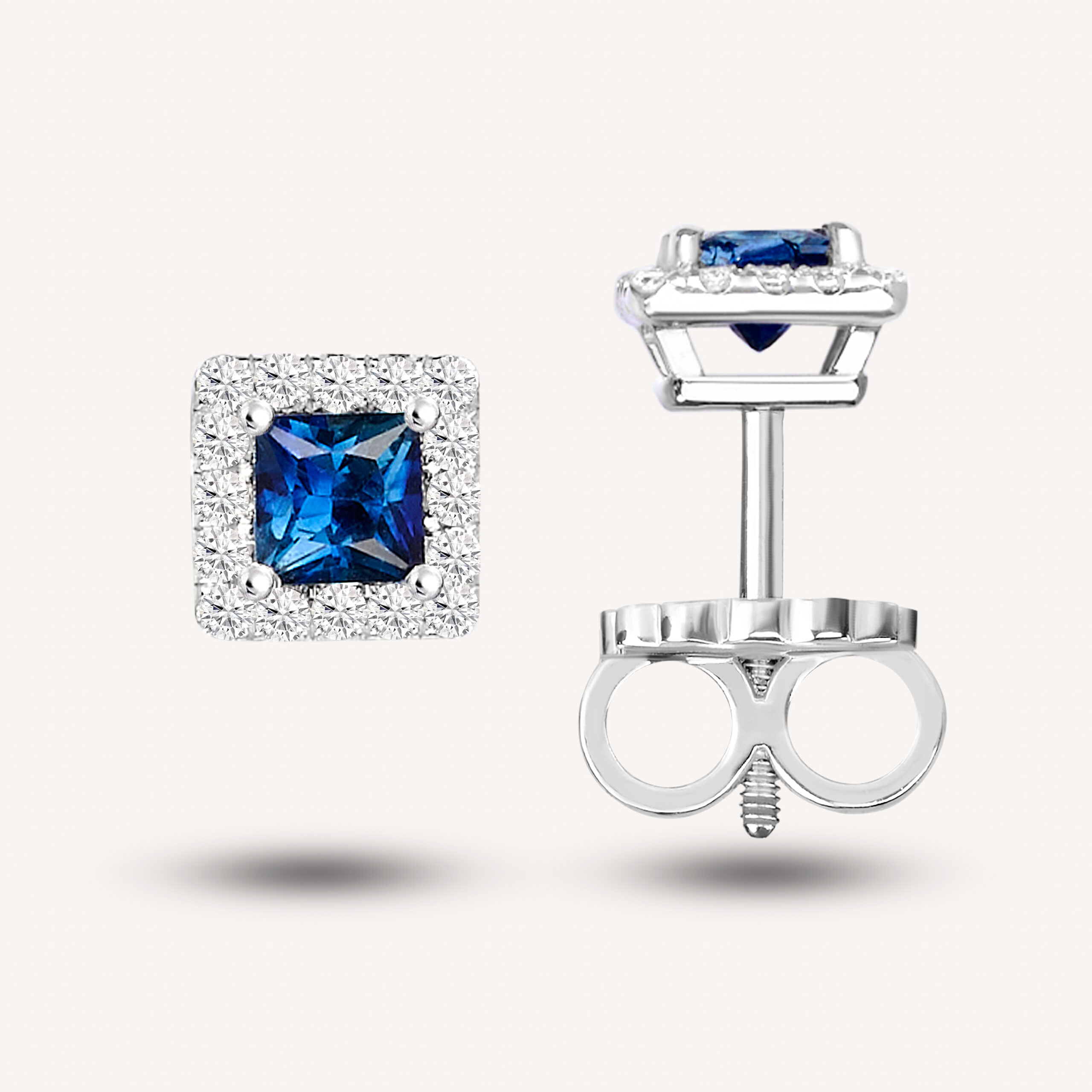 Halo Blue Princess-Cut Sapphire Stud Earrings